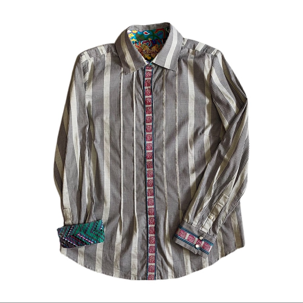Robert Graham Button Up Shirt w Embroidered Trim & Contrast Cuff Sz L